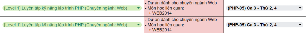 Chọn dự &aacute;n v&agrave; ca học khi đăng k&yacute; tham gia xưởng thực h&agrave;nh