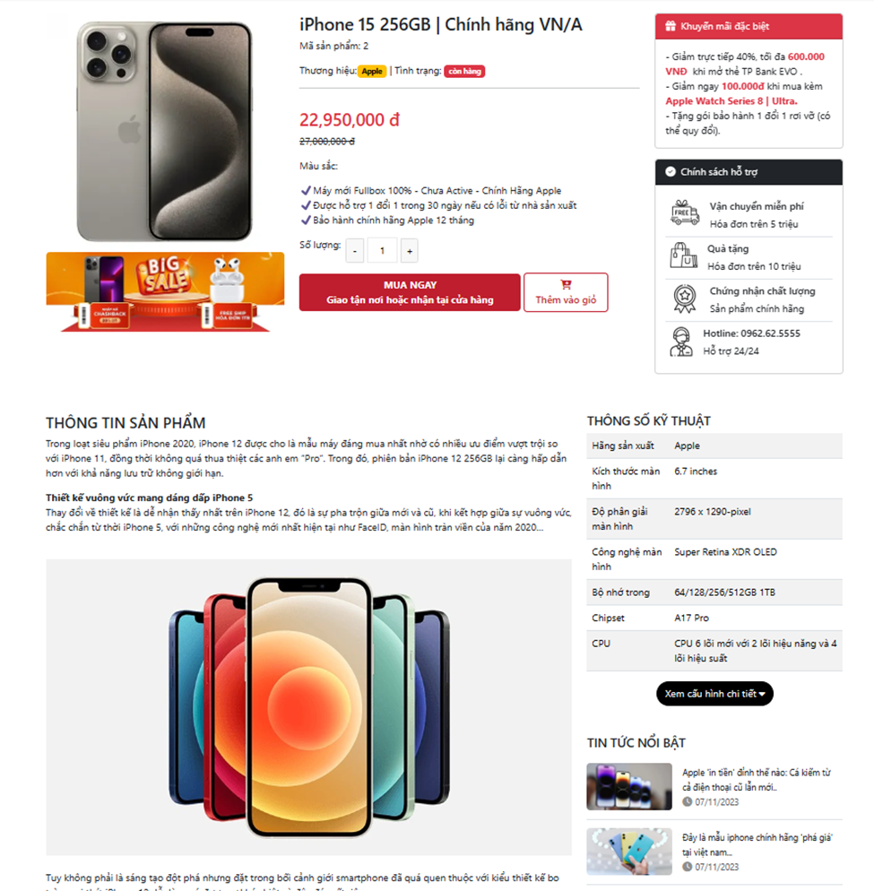 Sản phẩm chi tiết hiển thị đầy đủ th&ocirc;ng tin cho kh&aacute;ch h&agrave;ng hiểu r&otilde; về sản phẩm tr&ecirc;n website